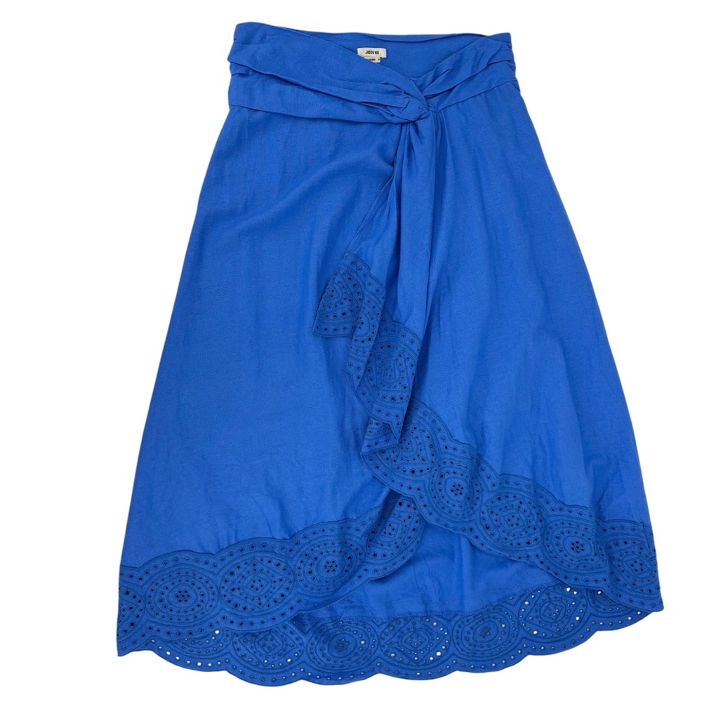 Jason Wu NWOT Blue Linen Blend Knot Waist Eyelet Lace Trim Midi Wrap Skirt, 10